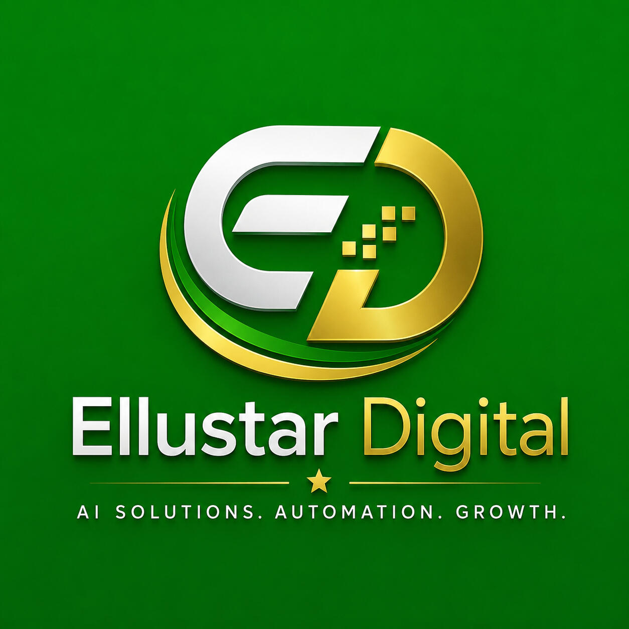 Ellustar Digital Logo – AI Solutions, Automation & Business Growth Ellustar Digital logo featuring a modern white and gold ED monogram with digital pixel elements on a green background, representing AI solutions, automation, digital transformation, and business growth.